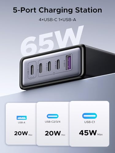 UGREEN 65W USB C Charger 5-Port Charging Station GaN Fast Charger Compatible with iPhone 17-8 Series, Galaxy S25/S24, Pixel 9/8, etc