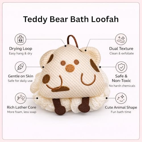 Image of Luxe Home International Bath Sponge For Kids And Adult Microfibre Soft Shower Loofah Triangle Pattern Gentle Skin Exfoliating Body Scrubber For Toddler Cream 12x11cm Pack Of 1