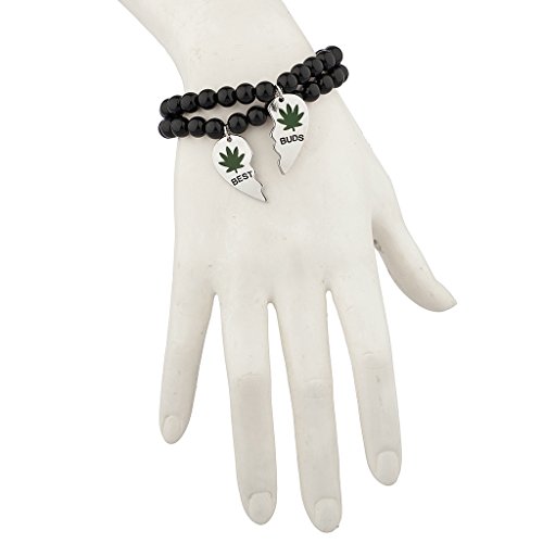 LUX ACCESSORIES Black Beaded Best Buds Weed 420 Marijuana BFF Best Friends Matching Bracelet Set2