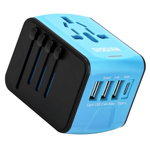 Disgian Travel Adapter, Universal International Power Adapter with 3USB Port And Type-C International Wall Charger Worldwide AC Power Plug for Multi-nation Travel UK, EU, AU Over 200 Countries (Blue)