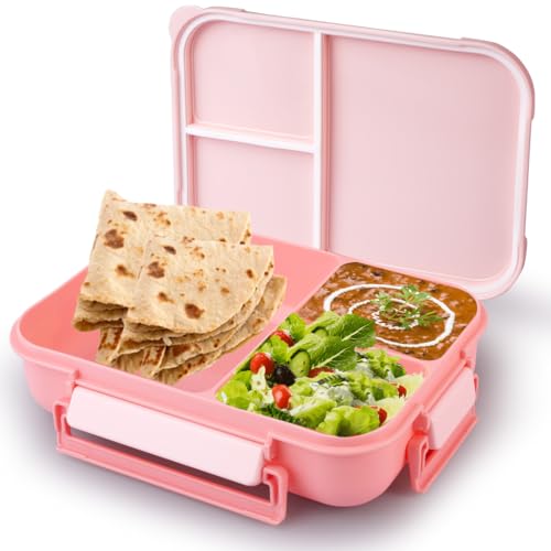 Image of ATTRO Gourmet 3 Compartment Lunch Box Portable Meal Organizer for Office, School BPA-Free, Food Grade, Freezersafe, Microwave & Oven Safe 1700ml Peach, Plastic