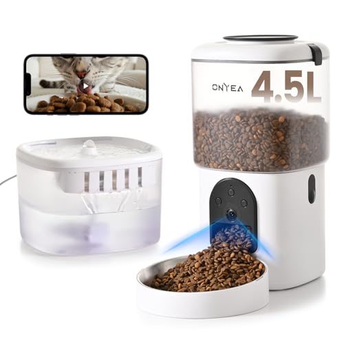 Onyea WiFi Automatic Pet Feeder with Camera + Water Fountain Set, Remote Control via APP, 4.5L Cat Food Feeder and 2.5L Water Dispenser, Low Noise <40dB, Large Capacity for Cats/Dogs