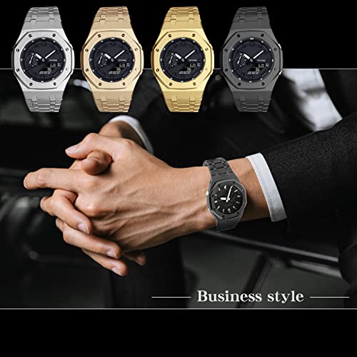 Image of GA2100 Stainless Steel Watch Case with Metal Watchband and Rubber Strap Mod Kit - Compatible with GA-2100 /GA-2110 /GA-B2100 Series - Watch Part Replacement