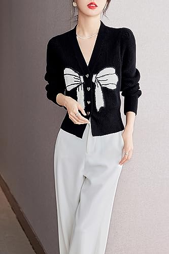 Image of LAI MENG FIVE CATS Women's V-Neck Sweaters Long Sleeve Button Knit Tops Casual Blouse
