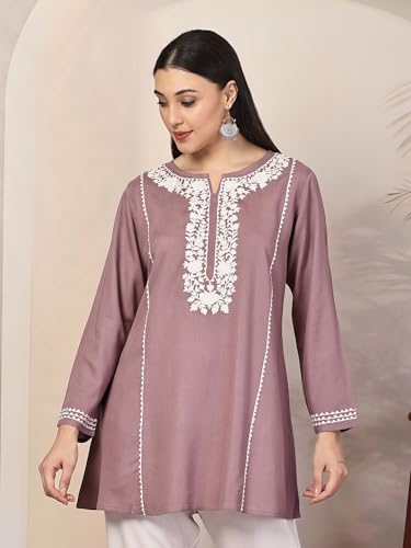 Image of QAZMI Women's Ardra Aari Embroidered Viscose Rayon Full Sleeves A-Line Flared Short Kurti
