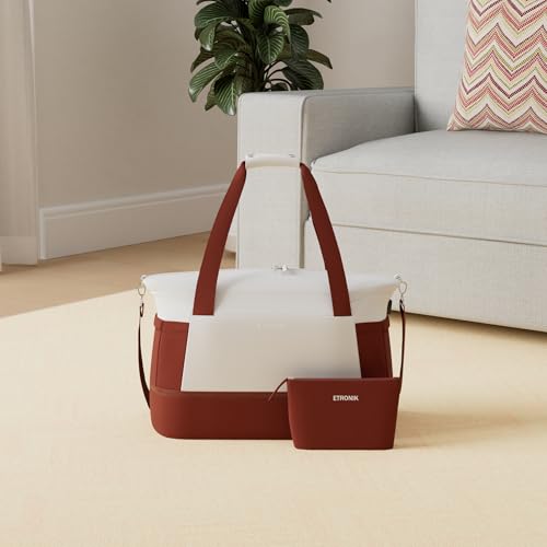 ETRONIK Gym Bag for Women, Travel Duffel Bag with USB Charging Port, Weekender Overnight Bag with Wet Pocket and Shoes Compartment for Women, Travel, Gym, Yoga (Reddish Brown/White)2