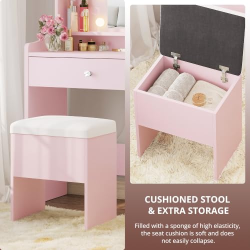 Image of LIKIMIO Small Vanity Desk with Mirror Lights and Storage Stool, Pink