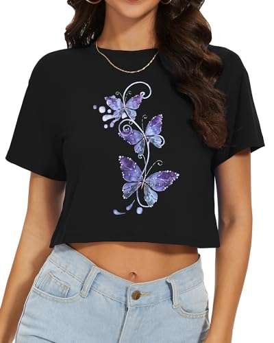 Image of Womens Summer Crop Tops Short Sleeve Round Neck T-Shirts Loose Fit Casual Blouse 2026