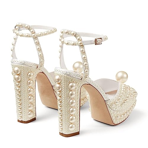 Image of Goolita Womens Open Toe Pearl Platform Heels For Women Chunky Buckle Ankle Strap Wedding Heeled Sandals Dress Evening Bride Bridal Shoes