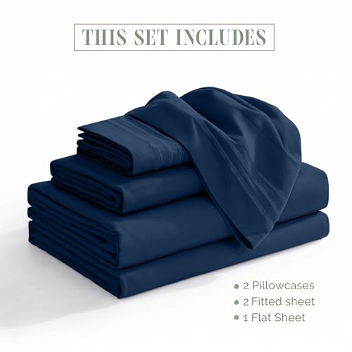 Image of Elegant Comfort Luxurious 1500 Premium Hotel Quality Microfiber Three Line Embroidered Softest 5-Piece Bed Sheet Set, Wrinkle and Fade Resistant, Split King, Navy Blue