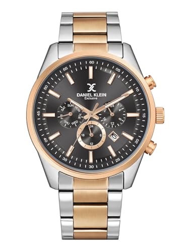 Image of Daniel Klein Men Analog Multifunction Watch | Rose Gold Silver Case | Grey Dial with Day Date 24-Hour Format | Two Tone Metal Strap | 44 mm | Water Resistant 3 ATM | DK.20.13348-9