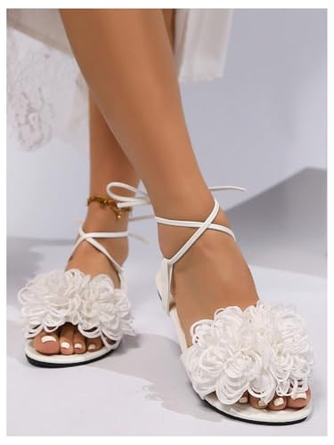 OYOANGLE Women's Appliques Criss Cross Lace Up Flat Sandals Open Toe Elegant Wedding Sandals4