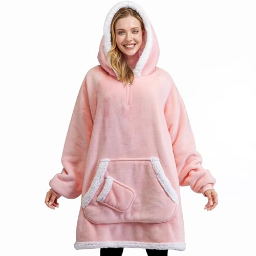 Giggling Getup Wearable Blanket Hoodie for Women Men Gifts for Women Mom Wife Sherpa Fleece Hooded Blanket Sweatshirt Warm Cozy Sherpa Wearable Throw with Pocket & Sleeves for Adult Oversize Pink