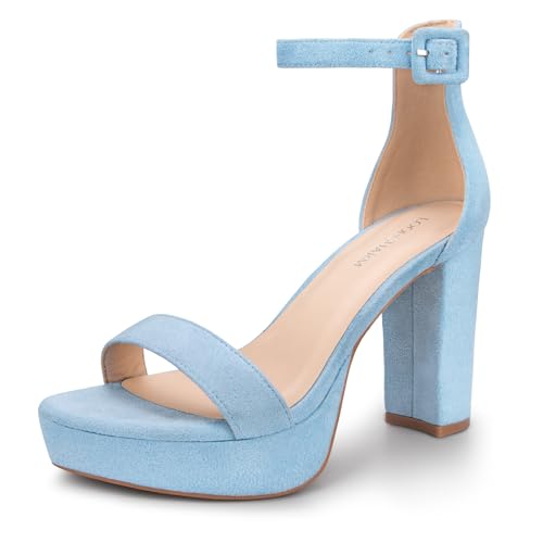 LOOPCHARM Women’s Chunky Platform Heels 4 Inch Block Heeled Sandals Comfortable Open Toe Strappy Dress Shoes with Ankle Strap for Wedding Party Prom & Evening Outfits,Blue Su,7