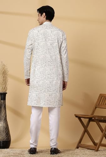 Image of Majestic Man Men's Cotton Regular Fit Casual Mandarin Collar Ethnic Motifs Printed Long Regular Kurta