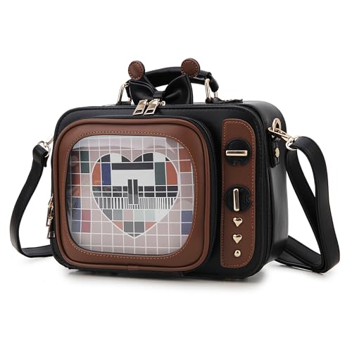 fancybag Novedosa bolsa de hombro con forma de TV para mujer, diseño retro, con inserciones de pantalla, ventana transparente única, bolsa cruzada para exhibición de pines, Negro, L
