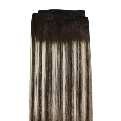 Image of Full Shine 20 Inch Weft Hair Extensions 105G Invisible Sew In Remy Hair | Color 2 /60 /2 Dark Brown To Platinum Blonde Mix, Invisible Sew In, Add Volume, Date Night, Event Styling