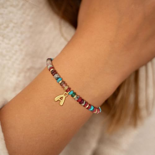 Beaded Initial Bracelets for Women, 14K Gold Plated Initial Letter Charm Rainbow Gemstone Colorful Summer Beach Jewelry for Women2