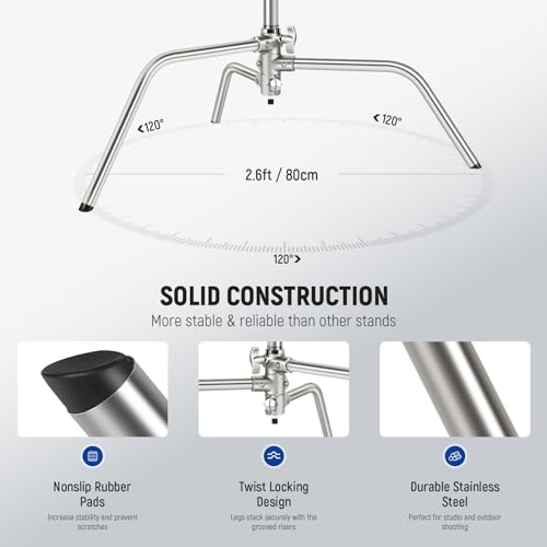 Image of NEEWER Pro 100% Stainless Steel Heavy Duty C Stand with Boom Arm, Max Height 68 inch /172cm Photography Light Stand with 2.7ft /83cm Holding Arm, 2 Grip Head for Studio Monolight, Softbox, Reflector, SC172 | Max Height 68 inch /172cm, Photography Light Stand, 2.7ft /83cm Holding Arm, 2 Grip Head for Studio Monolight, Softbox, Reflector