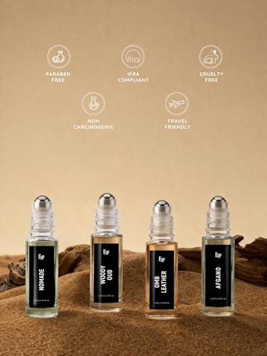 Image of EM5 Set of 4 Pure Perfume Oil (Attar) Roll-On Masculine Set - FDA Approved, Skin Safe, IFRA Compliant | Alcohol Free & Travel Friendly | Nomade, Woody Oud, Omb Leather & Afgano | Strong & Long Lasting Roll On Perfume | Luxury Gift For Men | 3ml x 4