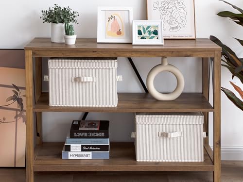 Image of StorageWorks Fabric Storage Bins with Lid, Decorative Storage Boxes for Shelves, Stackable Closet Organizer Basket with Handles, Large, Khaki and Beige Stripes, 2-Pack