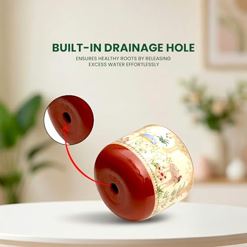 Image of Urban Plant Badshahi Beige 3D Terracotta Plant Pot (5 Inch) | Hand-Painted Mughal Art Design Planter | Decorative Indoor Clay Pot with Drainage Hole | Tabletop Flower Pot for Home & Office Decor