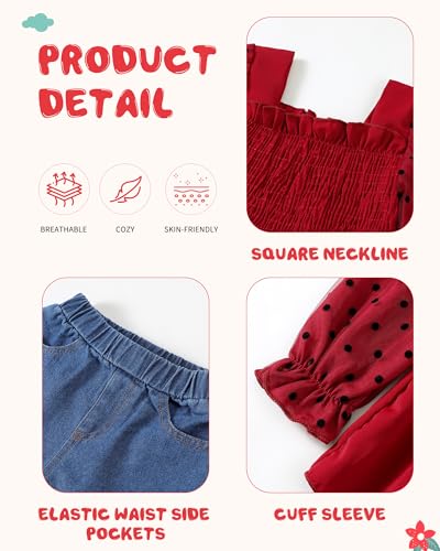 Image of Kucnuzki Toddler Kids Girl Clothes Long Sleeve Shirt Tops Baggy Jeans Cute Pants Set Baby Girl Outfit 2 Piece Clothing