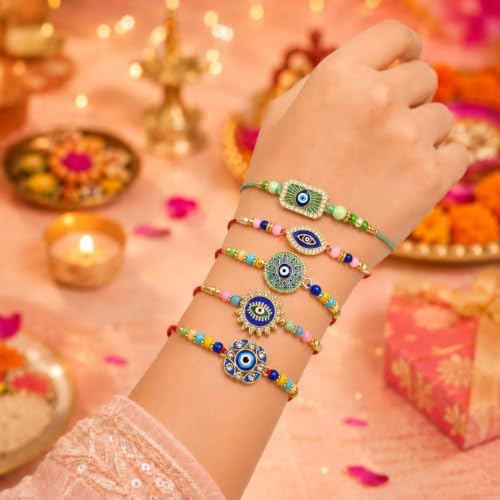 Image of Oblivion Designer Charming Multicolor Rakhi Combo for Brother Bhaiya Bhai with Roli Tikka, Silver Color Pooja Coin & Greeting Card | Raksha Bandhan Festival Gift Set | Pack of 8