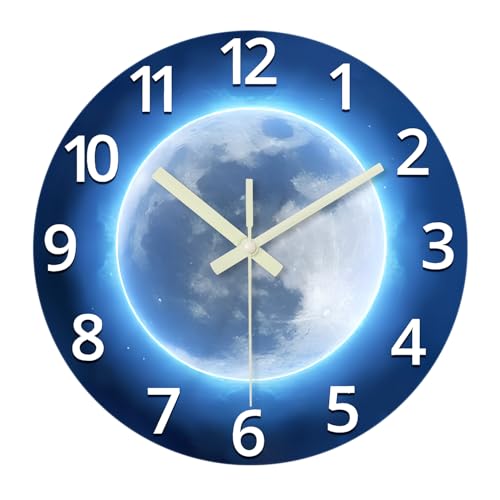 Constantplanet Analog Glow in The Dark Wall Clock Battery Operated 12 Inch Blue Light Up Clock for Wall Silent Wall Clock for Kids Bedroom