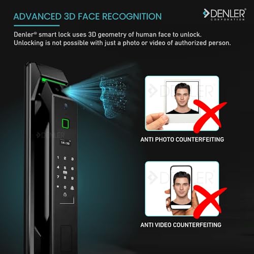 Image of Denler FLv2 8-in-1 Smart Door Lock | 3D Face ID | Fingerprint | App Unlock | LCD Camera | Inbuilt Wi-Fi | Alexa & Google Support | Android & iPhone | RFID | PIN | Key