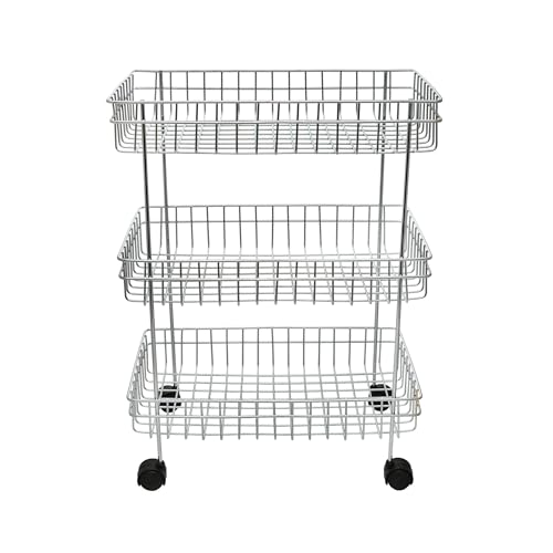 Image of Wrolavi Stainless Steel Fruits & Vegetables Storage 3 Shelf Basket Trolley, Multipurpose Shelves for Kitchen Storage| 53H x 23W x 41L cm | Silver Color | Rust Free