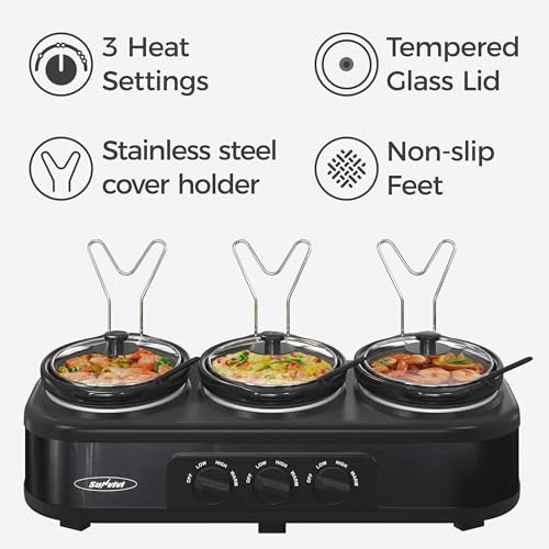 Sunvivi Triple Slow Cooker Buffet Servers and Warmer,3 Pot Food Small Mini Manual Slow Cooker with Adjustable Temp Stainless Steel Lid Rests,Removable Ceramic Pot, 3 * 1.5 Quarts Black