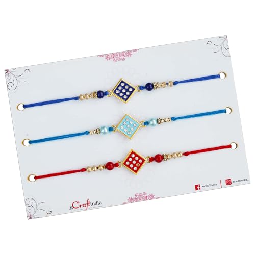 Image of eCraftIndia Set of 3 Pearl Diamond Rudraksha Designer Rakhis for Brother Bhaiya Bhai | Roli Chawal Pack | Raksha Bandhan Rakhi