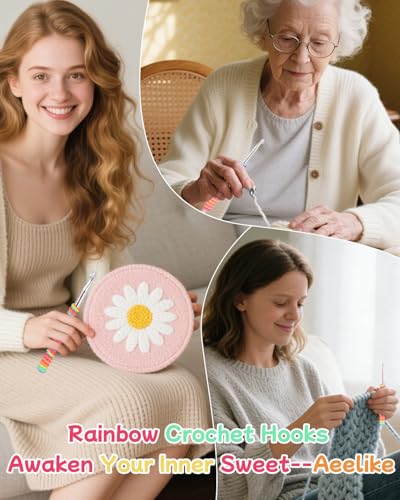 Image of 5 Sizes Crochet Hooks for Beginners 3.5mm(E)-6.0mm(J), Gradient Rainbow Ergonomic Grip for Arthritic, Extra Long Aluminum Crochet Needles, Ideal Crocheting Set Gift