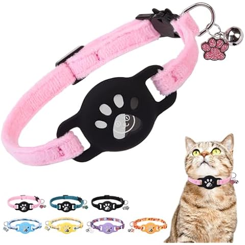DILLYBUD AirTag Cat Collar with Bells, Soft Velvet Cat Collar Breakaway with Airtag Holder, Safety Cat GPS Tracker Collars for Girl Boy Cats, Kittens and Puppies, Adjustable 8"-12" Cover