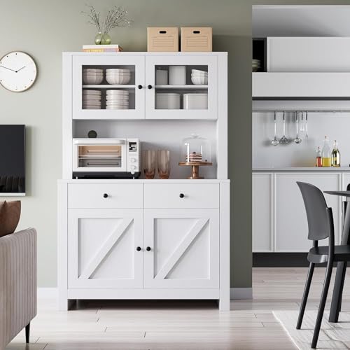 GarveeHome Kitchen Pantry Cabinet with Microwave Stand, Freestanding Hutch Cabinet with Buffet Cupboard, Tall Kitchen Cabinets with Adjustable Shelves for Dining Room, White