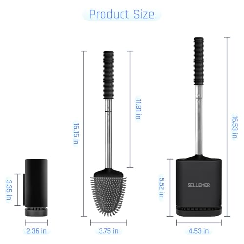 Image of Sellemer Silicone Toilet Brush, Ventilation Slots Base Holder 3 Pack, Black | Flexible Bristles Flat Head for Rim, Hair Tangle-Free, Easy to Clean, Compact Design, Rustproof Handle, for Toilet /Sink /Tub