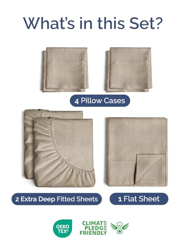Image of Extra Deep Split King Sheet Set - 7 Piece Cooling Sheets - Heathered Beige | Hotel Luxury Bed Sheets Set, Easy & Secure Fit, Ultra-Soft, Wrinkle & Fade Free, Comfy Sheets Set with Extra Deep Pockets
