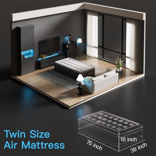 Air Mattress Twin with Built in Pump - Upgraded Single Blow Up Bed, 2 Mins Quick Self Inflatable, 18"/550lbs Max, Strong Support, Flocked Top, Puncture Resistant, for Camping,Home,Guests