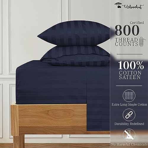 URBANHUT 800 Thread Count Egyptian Cotton Damask Striped Twin Size Sheets Set (4 Pc) - Ultra Soft & Smooth, Sateen Weave Twin Size Bed Sheets, Luxury Hotel Sheets with 16" Deep Pocket - Navy Blue
