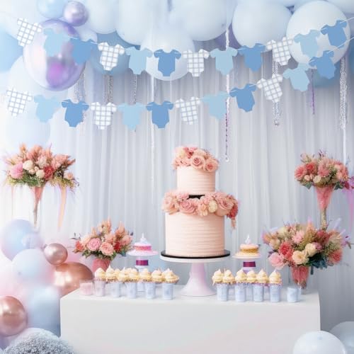 Image of Weysat 2 Pcs Baby Clothes Banner Baby Boys Girls Shower Decorations Blue Bodysuit Clothesline Banner Gender Reveal Birthday Neutral Party Outfit Paper Decor Supplies