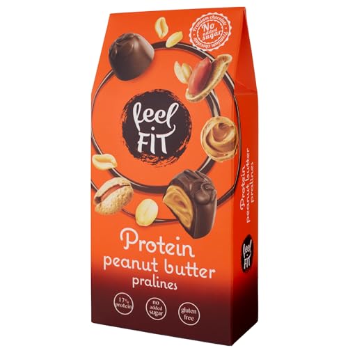 Feel FIT Protein Beurre de cacahuète Pralinés au chocolat au lait belge. Sans sucre, sans gluten, protein snack 66g (1 paquet)