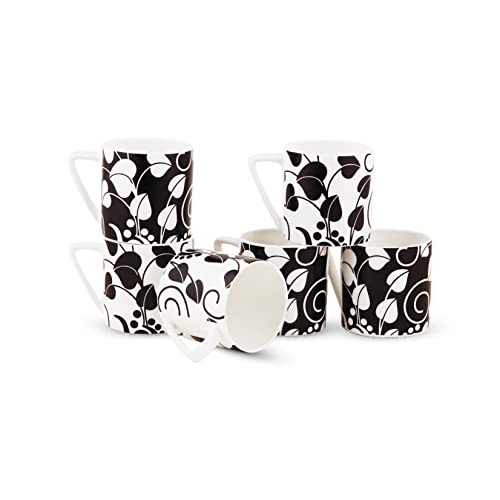 Image of Dandy Lines Puja Black and White Leaf Coffee Mugs, Eco-Ceramic, Pack of 6, Microwave & Dishwasher Safe, Great for Home Use & Gifting