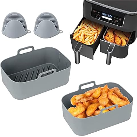 Air Fryer Silicone Pot for Ninja Dual 2Pcs Air Fryer Accessories for Ninja Foodi DZ201 DZ401, Reusable Double Air Fryer Basket Pan with 2Pcs Heat-Proof Gloves Cover