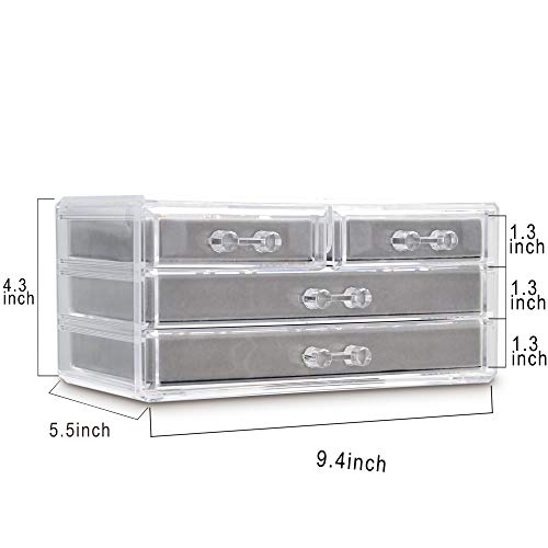 Frebeauty Acrylic Jewelry Box 4 Drawers,Clear Jewelry Organizer Velvet Rings Necklaces Earring Bracelets Display Case Stand Holder Tray For Women Girls (Gray) #TOP1