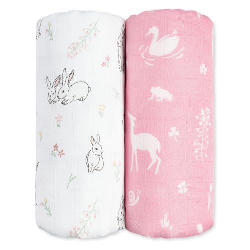 Image of GLLQUEN BABY Muslin Swaddle Blankets 2Pk Receiving Blanket Large 35 inch x 40 inch | Soft Cotton Baby Blankets for Girls Boys Breathable Nursery Swaddles for Newborns, Baby Essentials Shower Gift, Pink Rabbit