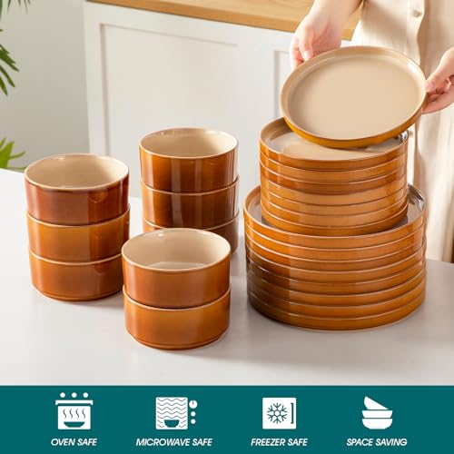 Image of vancasso ONION Ceramic Plates and Bowls Sets, 24 Pieces Brown Dinnerware Sets for Kitchen, Reactive Glaze Dishes Set for 8, Dishwasher and Microwave Safe