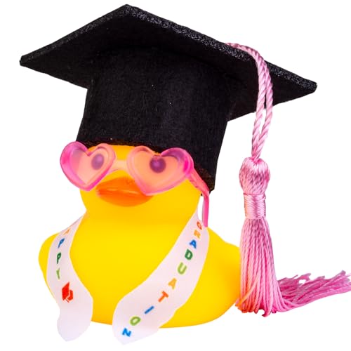 CoFuBcad Graduation Duck Car Ornament, Rubber Duck Car Dashboard Decor with Mini Graduation Hat Sash Sunglasses