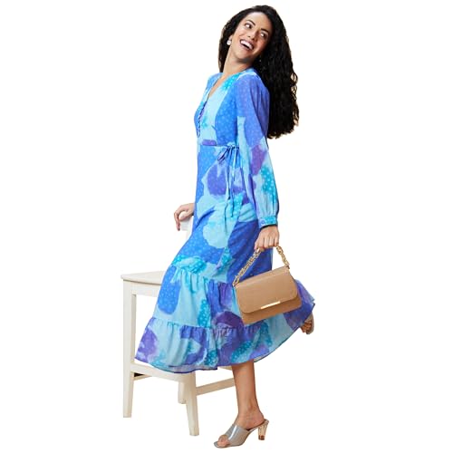 Image of Globus Women Pink Abstract Print V-Neck Casual Tie-Up Fit and Flare Tiered Maxi Dress-3639580001