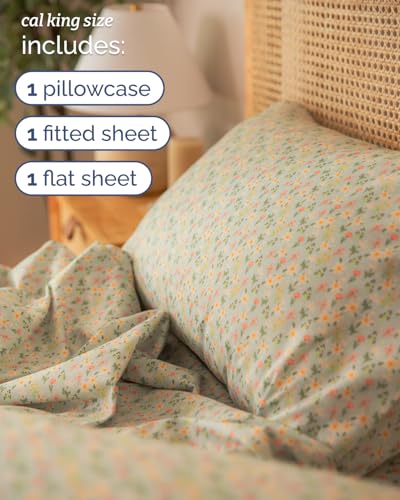 Image of Cal King 4 Piece Floral Sheet Set - Breathable & Cooling - Flower Confetti | 1 Flat, 1 Fitted & 2 Pillowcases w / Deep Pockets, Boho Botanical Floral Bedding, Breathable & Cooling, Wrinkle & Fade Free